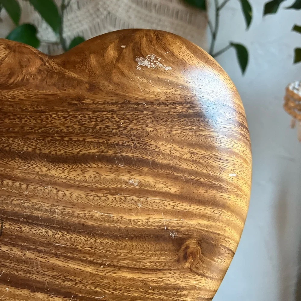 Vintage Monkeypod Double Heart Bowl Hand-Carved Wood Serving Tray MCM Dish Boho